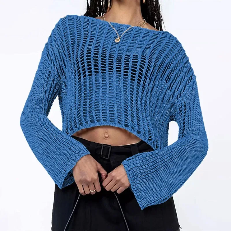 2024 Spring/Summer Knitted Shirt Women's Hooked Cover Up Off Shoulder Hollow Women's Knitted Knitted Shirt SFC8-3