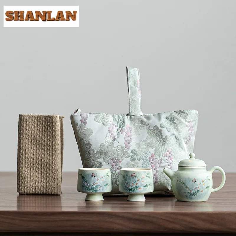 

Hand Drawn Orchid Travel Tea Set Kit Vintage 1 Pot 2 Cups Tea Maker Organizer Portable Picnic Tote Bag Supplies Decoration Craft