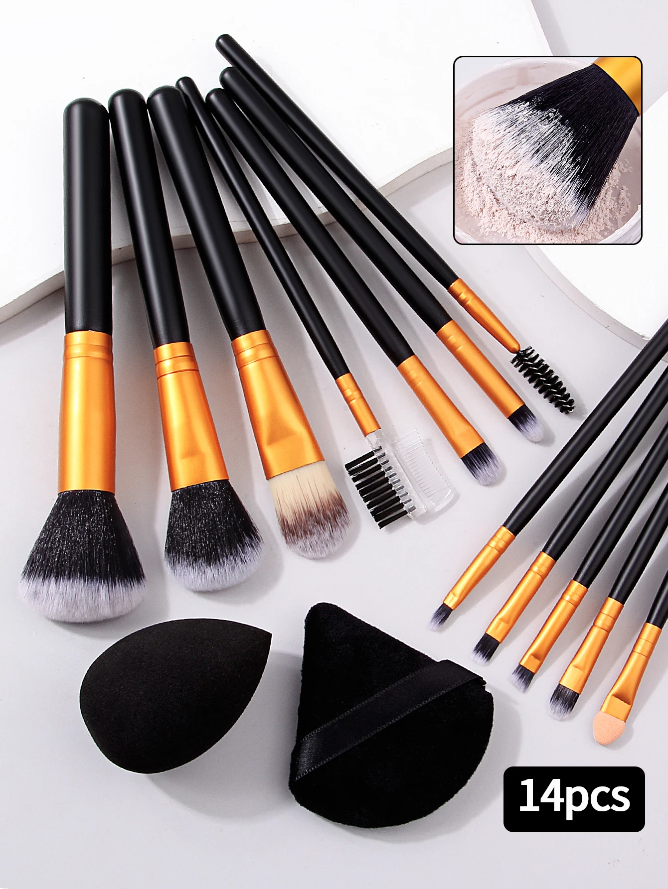 مجموعة أدوات مكياج مكونة من 14 قطعة: 12 قطعة من فرش مكياج ذات مقبض خشبي ذات شعيرات ناعمة + قطعتان من إسفنجات المكياج ونفخ البودرة وبيض التجميل