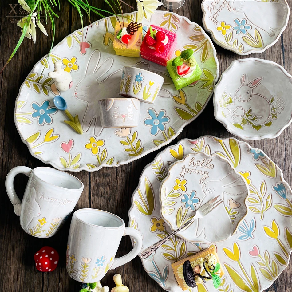 

Flower and grass rabbit tableware Underglaze hand-painted mug, big fish plate, dinner plate bowl beef steak plate