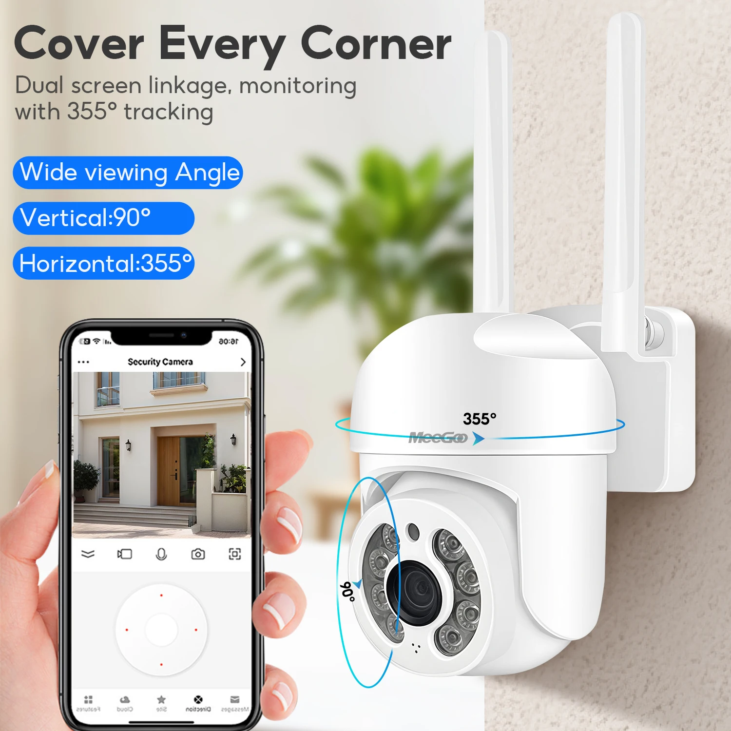 MeeGoo CA8S 3MP WiFi パンチルトカメラ、10m IR/フルカラーナイトビジョン、AI人間追跡、双方向音声、CAM180 アプリ、Alexa/Google対応