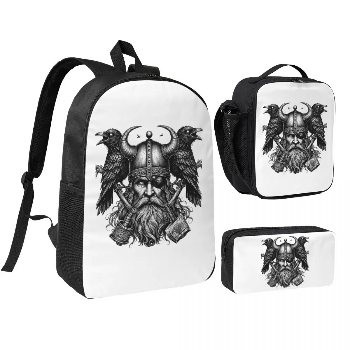 Odin Vikings Viking Legend Norse Mythology Rune Backpack BookBag School Bag Shoulder Bags 3ps Insulated Lunch Bag Pencil Case