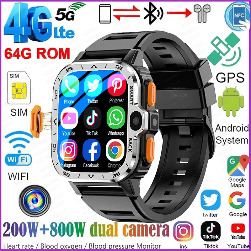 

New PGD SmartWatch 4G LTE GPS Wifi SIM NFC Dual Camera Rugged 16/64G ROM Storage Google Play Heart Rate Android Watch For XIAOMI