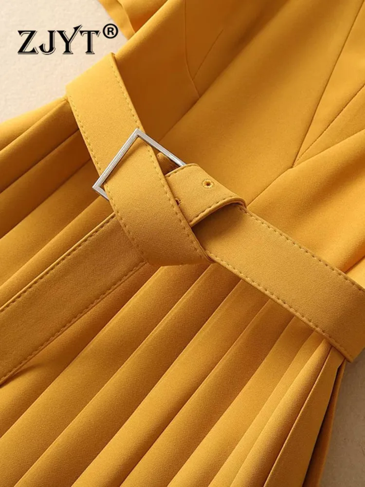 ZJYT Runway Designer Fashion Women Pleated Dress Elegant V Neck Short Sleeve Belt Midi Party Dresses Yellow Casual Holiday Robe