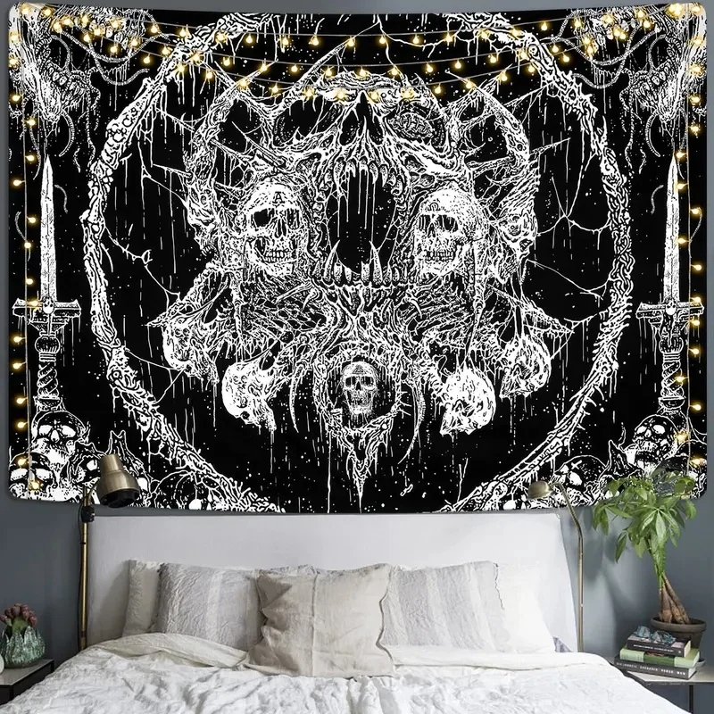VIKAMA Witchy Skull Wall Tapestry Occult Sun Star Constellation Pattern Large Fabric Wall Blanket for Indoor Room Decor