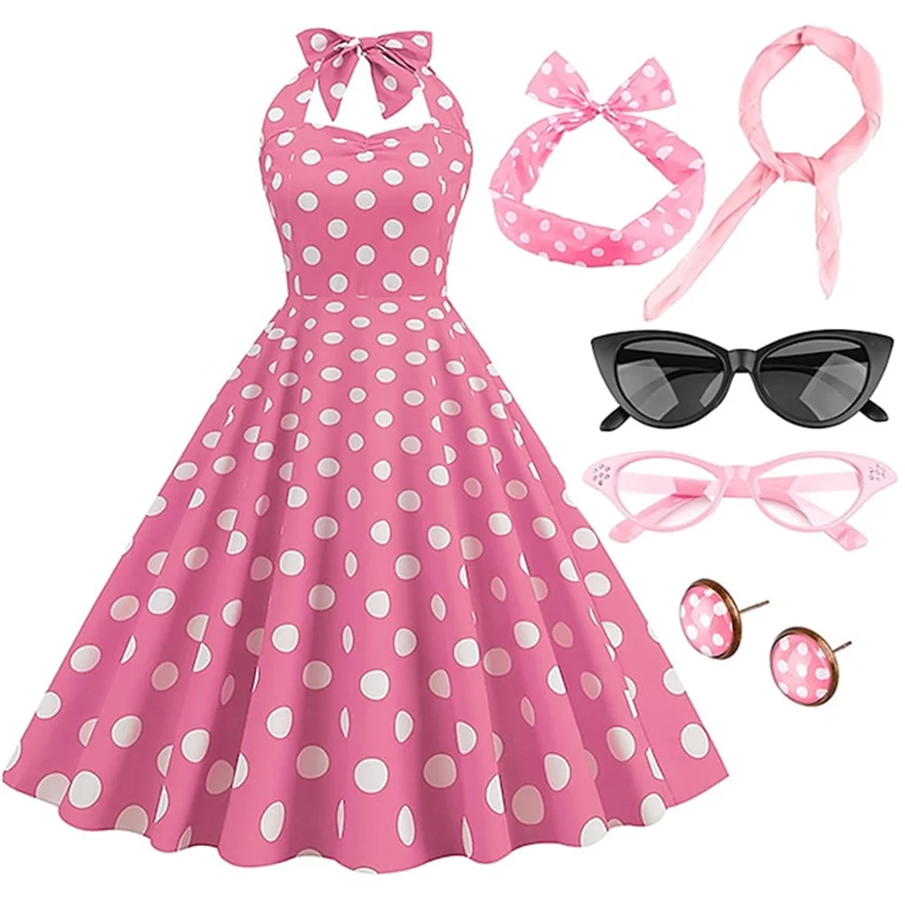 

Women's Rockabilly Dress Polka Dots Swing Flare Dress with Accessories Set Earrings Headband Glasses Gloves Dress