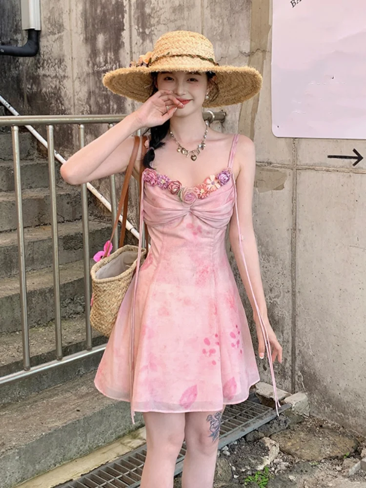 Summer French Vintage Spaghetti Strap Mini Dress Women Flower Frocks Party Evening Sexy One-Piece Y2k