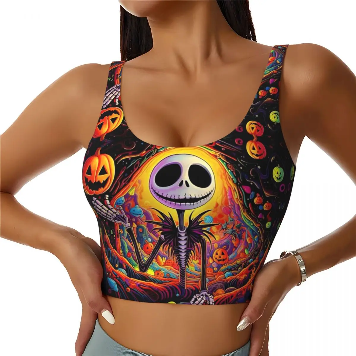 

Custom High Impact Nightmare Before Christmas Pumpkin Sports Bra for Women Gym Workout Yoga Crop Top