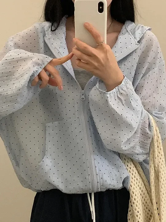 

Fre Blue, кружевной подол в горошек, с капюшоном, защита от солнца, легкий, тонкий, новый, весенний, корейский, прямого кроя, длинный све, женский irt