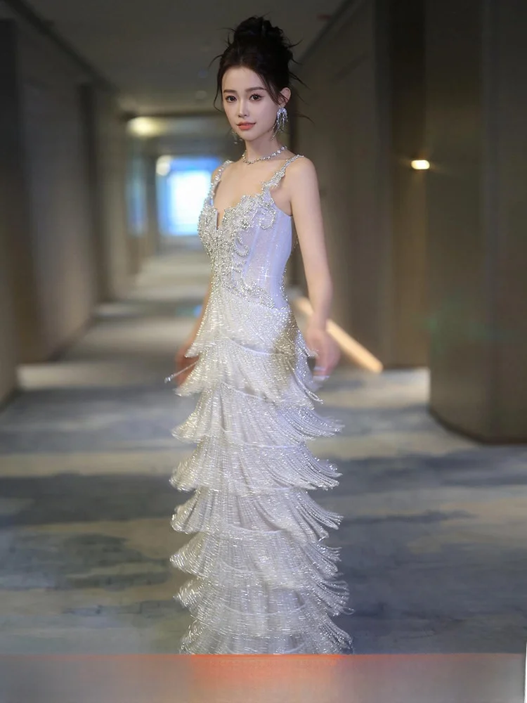 

Elegant Long Evening Gown with Fringe Bridal Dress Sexy Bodycon Performance Dress Wedding Party Dress Polyester Fiber