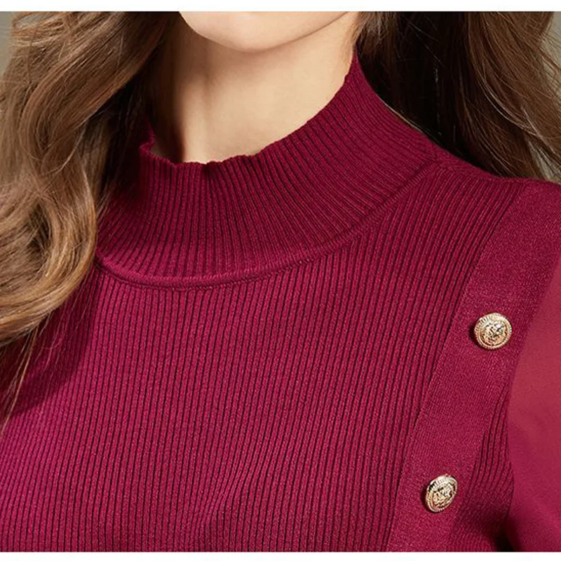 Autumn and Winter New Vintage Chic Sweaters Women Solid Color Long Lantern Sleeve Button Half High Neck Ruffles Casual Pullover