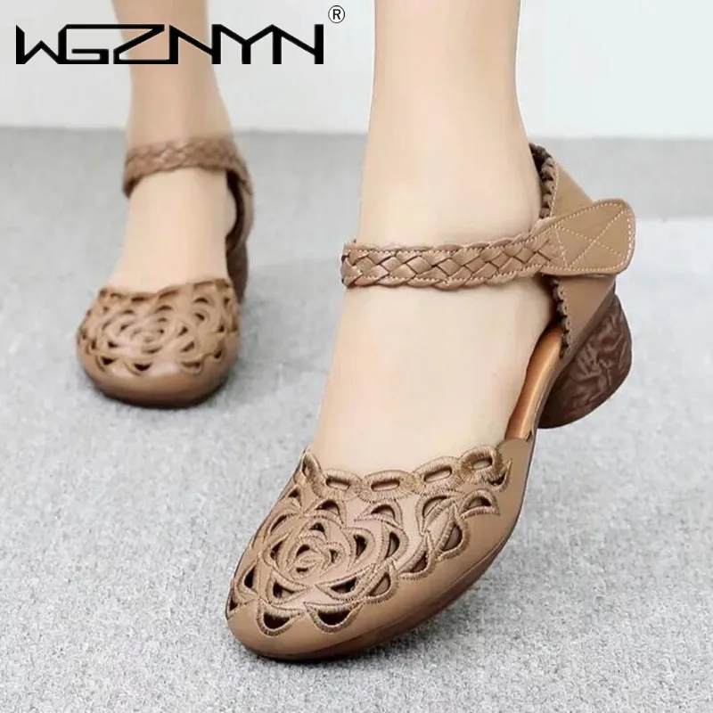 2022,NEW Summer Women\'s Genuine PU Leather Shoes Woman Retro Hollow Out Sandals Female Hook & Loop Heels Ladies Platform Sandal