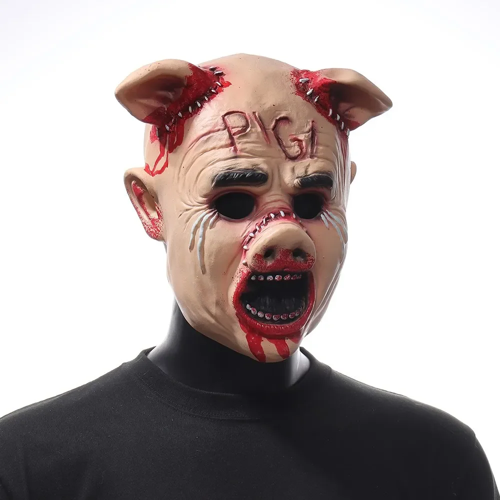 Horror Cry Pig Head Mask Cosplay Scary Bloody Demon Killer Animal Helmet Halloween Carnival Party Costume Props