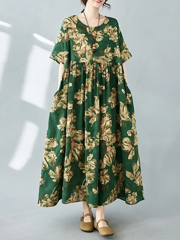 z krótkim rękawem oversize bawełna vintage kwiatowy nowość w sukienkach dla kobiet luźna długa letnia sukienka elegancka odzież 2025