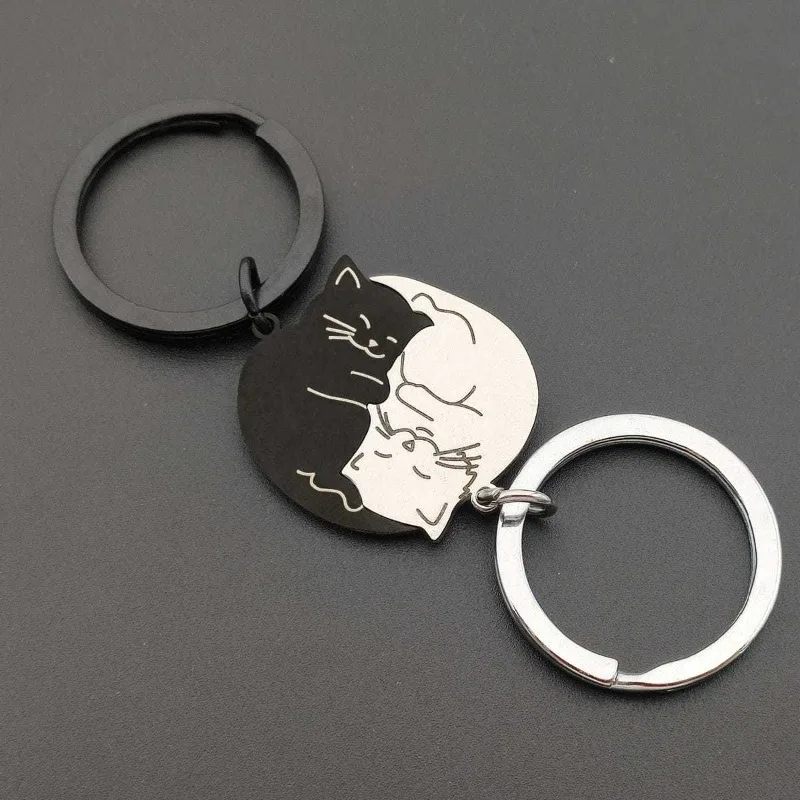 Cute Stainless Steel Black White Cat Keychain Schoolbag Backpack Accessories Keyring Pendant Valentine's Day Gifts Key Chain