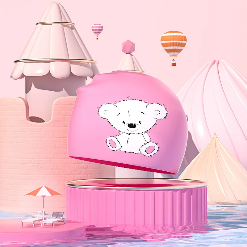 قبعة سباحة من السيليكون بطباعة كرتونية للأطفال ، حماية أذن مضادة للماء ، مطلية ، للأولاد والبنات