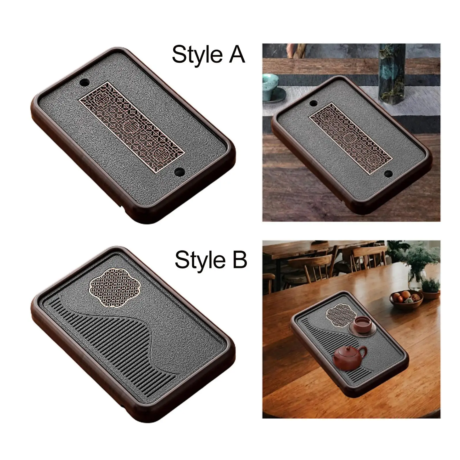Artificial Stone Tea Serving Tray with Removable Panel Water Storage Drainage Decorative Rectangle Kungfu Tea Table for Home