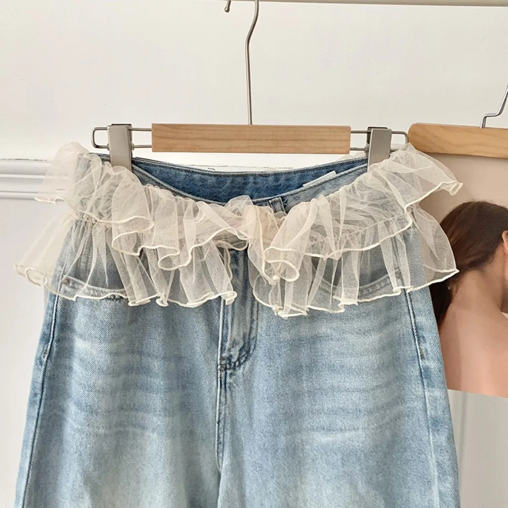 

New Mesh Lace Mini Skirt Ruffles Y2K Streetwear Waist Pleated Skirts Harajuku See Through Ruched Skirts Jeans Decoration