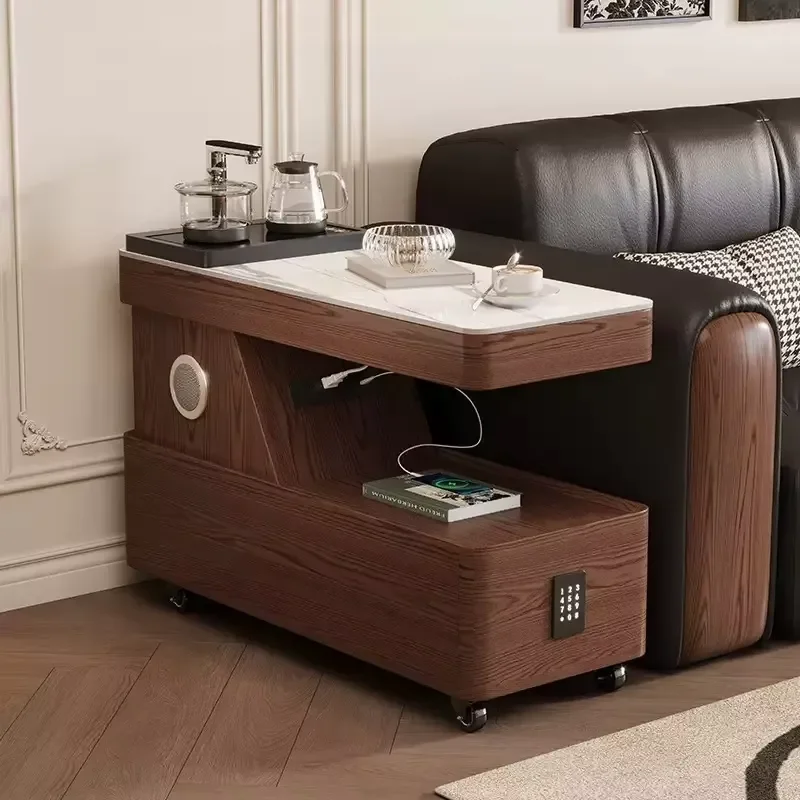 Modern Italian Style Mobile Side Table with Wheels Wood Frame Tempered Glass Top Smart Sofa Cabinet Locker for Living Room
