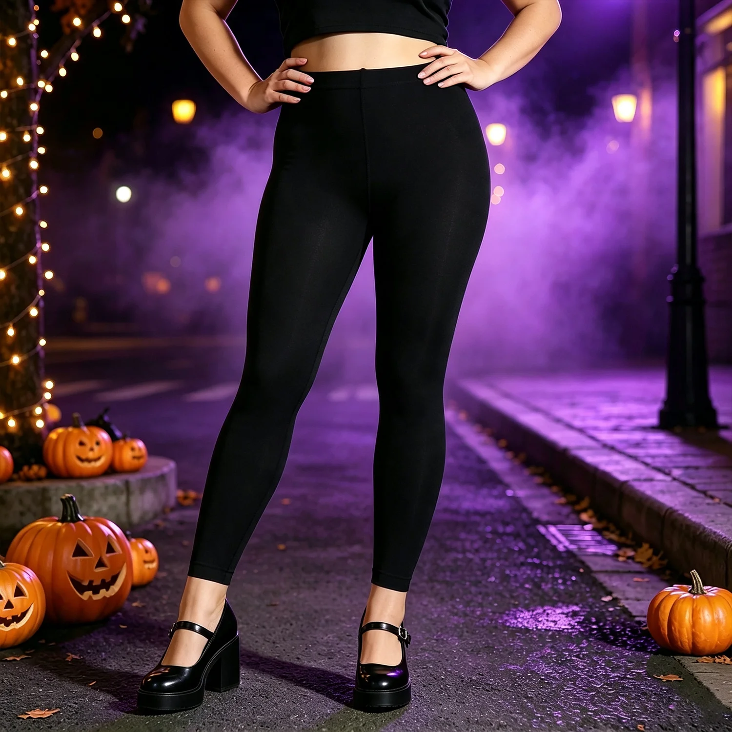 1 PC High Waist Solid Black Skinny Leggings Stretch Tummy Control Women Halloween Party Daily Sports Pants