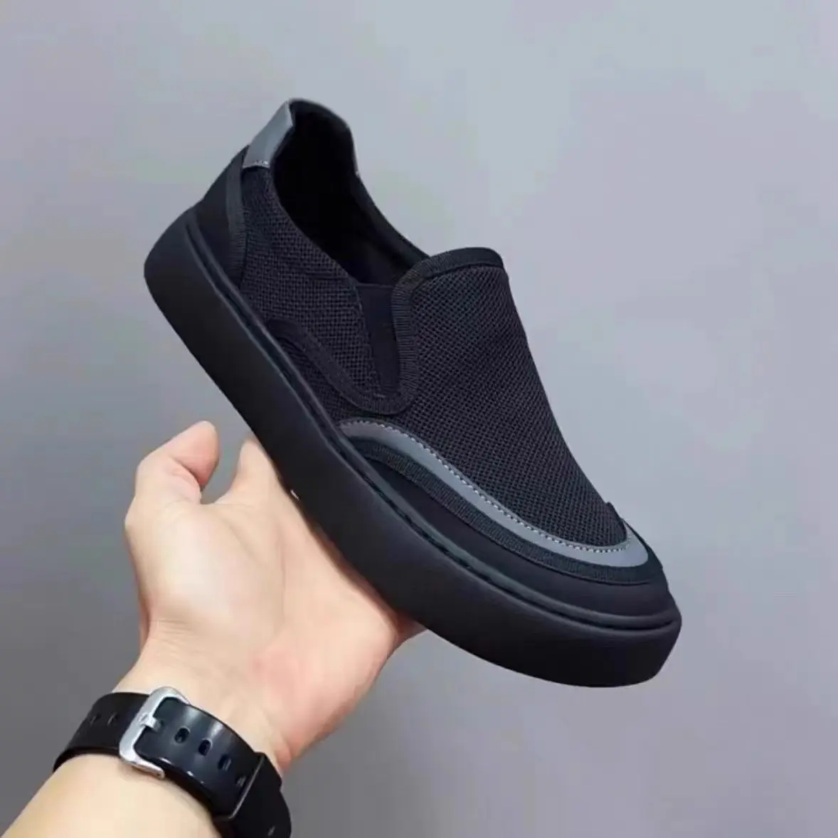 Beijing Men's Canvas Slip-On Driving Shoes Breathable Lightweight Trendy Flat Rubber Sole round Toe mid Top Casual Shoes