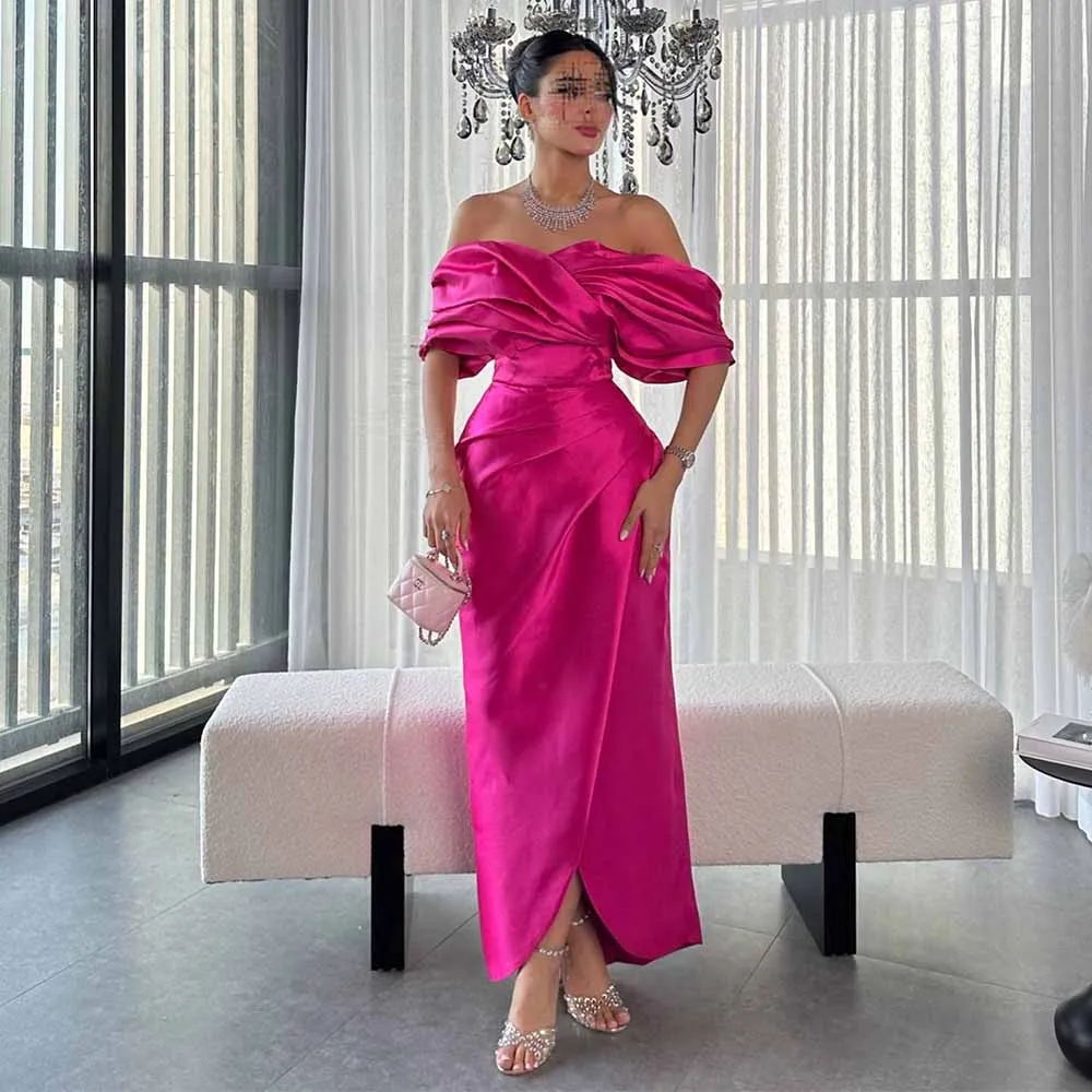 

Sexy Cocktail Dresses Satin Sheath/Column Valentine's Day Dress Fuchsia Off-the-shoulder Pleat Criss-Cross Tiered Prom Gown Maxi