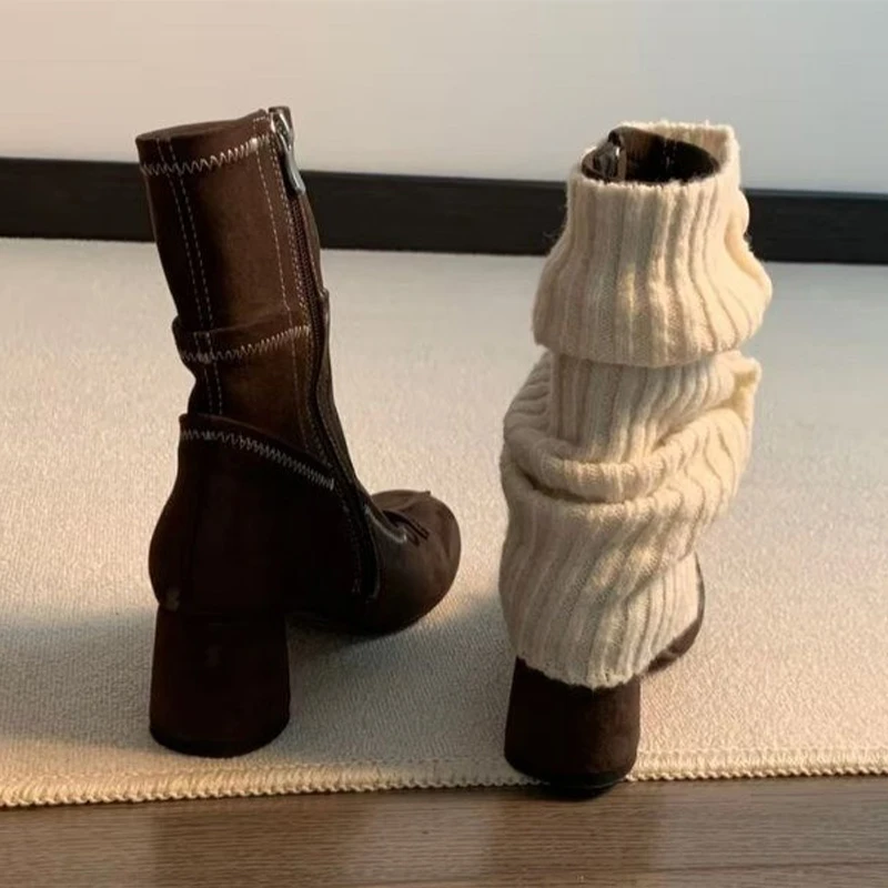 Bow High Heels Women Boots New Mary Jane Shoes 2025 Winter Designer Suede Chelsea Boots Chunky Dress Lolita Shoes Mujer Botas