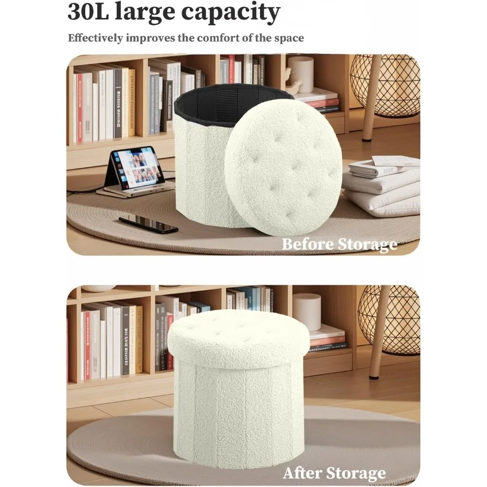 Ronde opbergruimte poef voetenbank, faux teddy fluwelen poef met opbergruimte, voetsteun voor woonkamer slaapkamer of slaapzaal (crème wit
