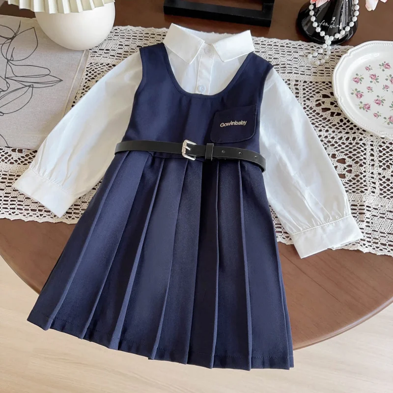 

Children's Academy Style Set New Spring and Autumn Girls' Long Sleeve Shirt with Suspender Skirt Two-Piece Set with Belt