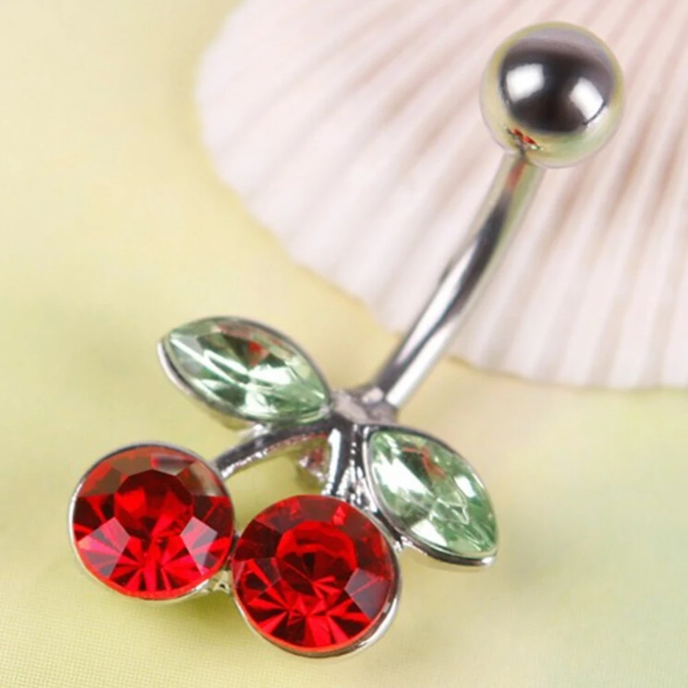 New Pretty Rhinestone Red Cherry Navel Belly Button Barbell Ring Body Piercing