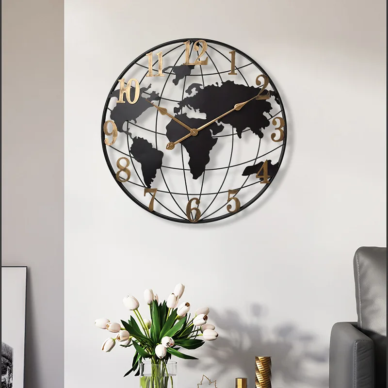 60/75/90cm Large Map Wall Clock Metal Minimalist Clock Round Silent Non-Ticking Battery Operated Wall Clocks for Living Room