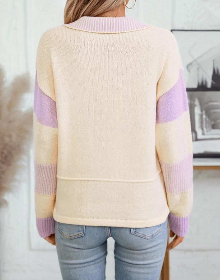 Women's Simple Knitted Sweater 2025 Autumn Winter Latest Striped Turndown Collar Sweater Fashion Versatile Loose Long Sleeve Top