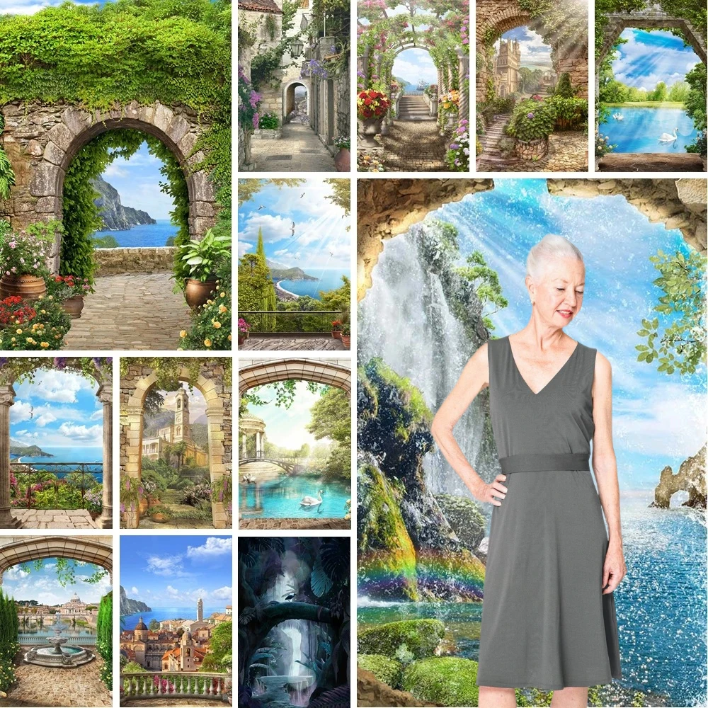 MOON.QG Западная деревня, город, сельский римский фон для фотосъемки, арка, дверная рама, морская гора, фон для украшения дома, фото