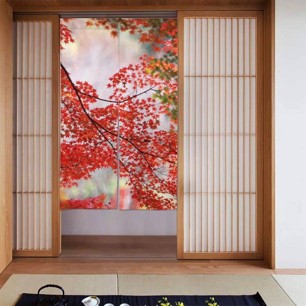 Home Decor Japanese Traditional Red Maple Leaves Printed Doorway Curtain Polyester Door Curtain Kitchen Bistro Partition Shading