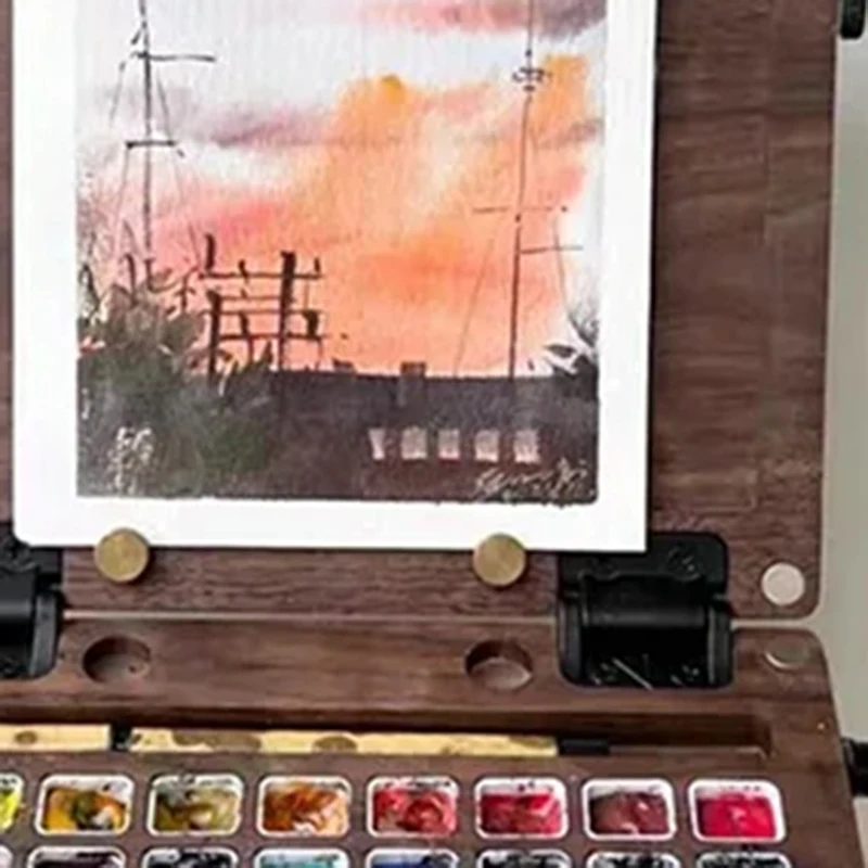 1Pcs Wooden Color Palette Foldable And Strap Compatible Outdoor Portable Sketching Oil Painting Watercolor Pigment Box
