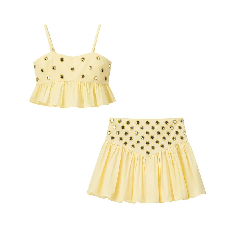 Summer Metal Decoration Pleated Hem Sling Exposed Navel Short Top European American Sexy Short Skirt Two-piece Set Wome Clothing