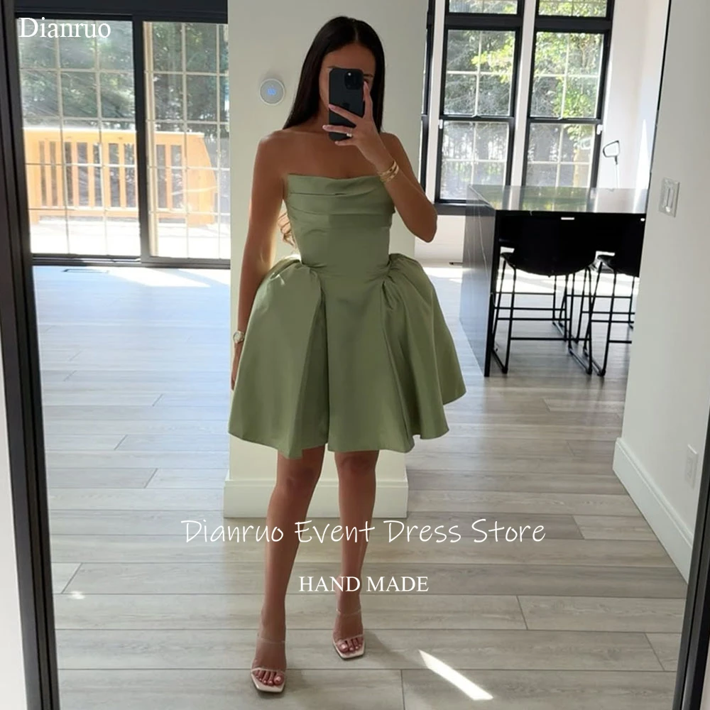 

Dianruo Ruched Satin Fluffy Prom Dresses Mini A Line Sharon Happy Evening Dresses Pleated Lace Up Back Party Gowns Customized