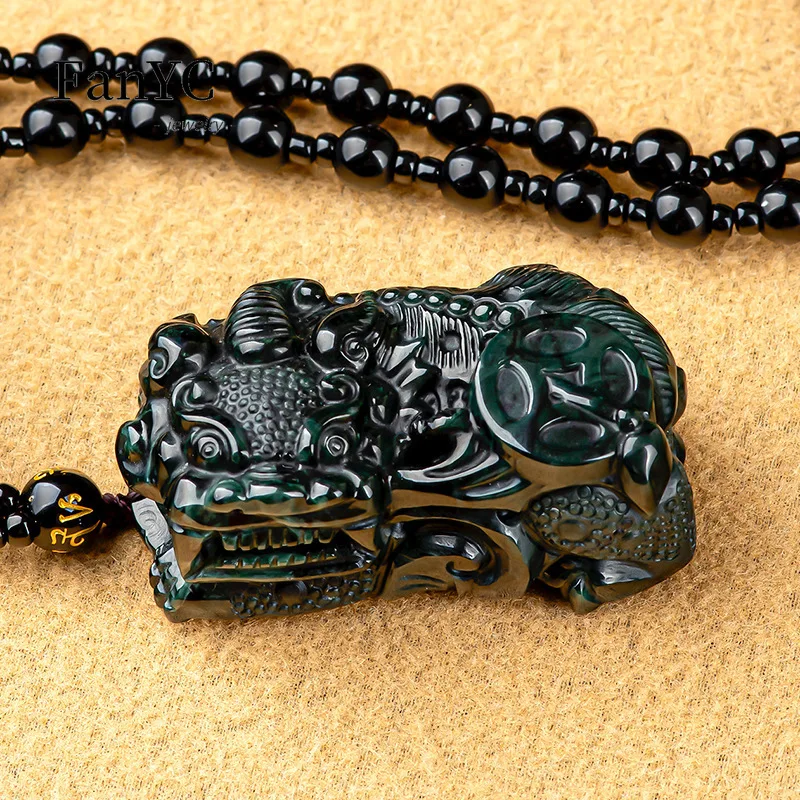 Natural A-goods Jadeite Ink Jade Overlord Pixiu Pendant Hand-carved Ice Jade Necklace Men and Women Mascot Holiday Gift