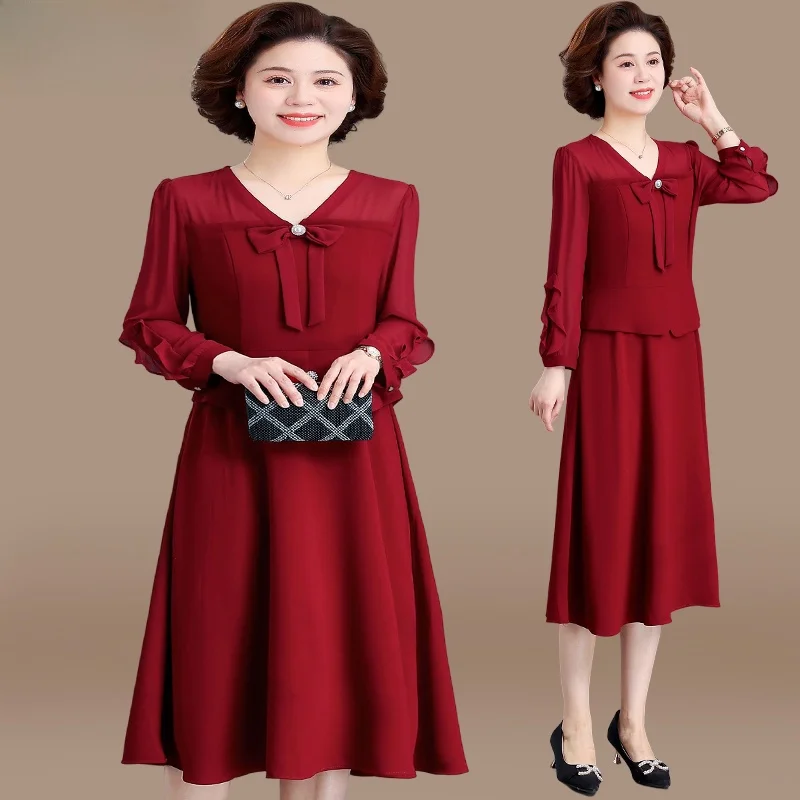 

Ele Mid-Length Dr for Older Women Faionable Wedding Dr V-Ne Polyester Long Skirt Suitable for Autumn Wear