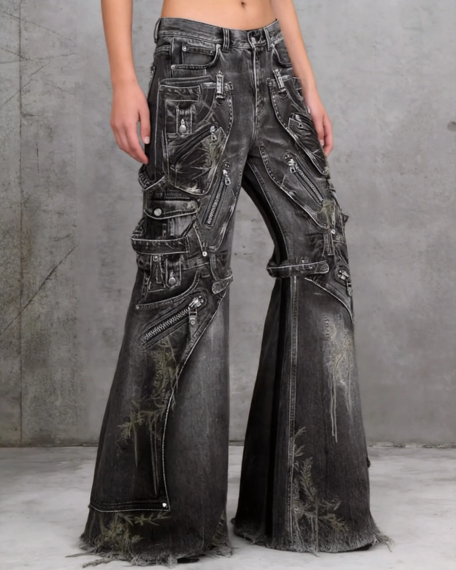 Hip Hop Streetwear Black Baggy Jeans Men Wide Leg Cargo Distressed Zip Pocket Denim Pants Casual Fashion Gothic Y2K Cargo Jeans