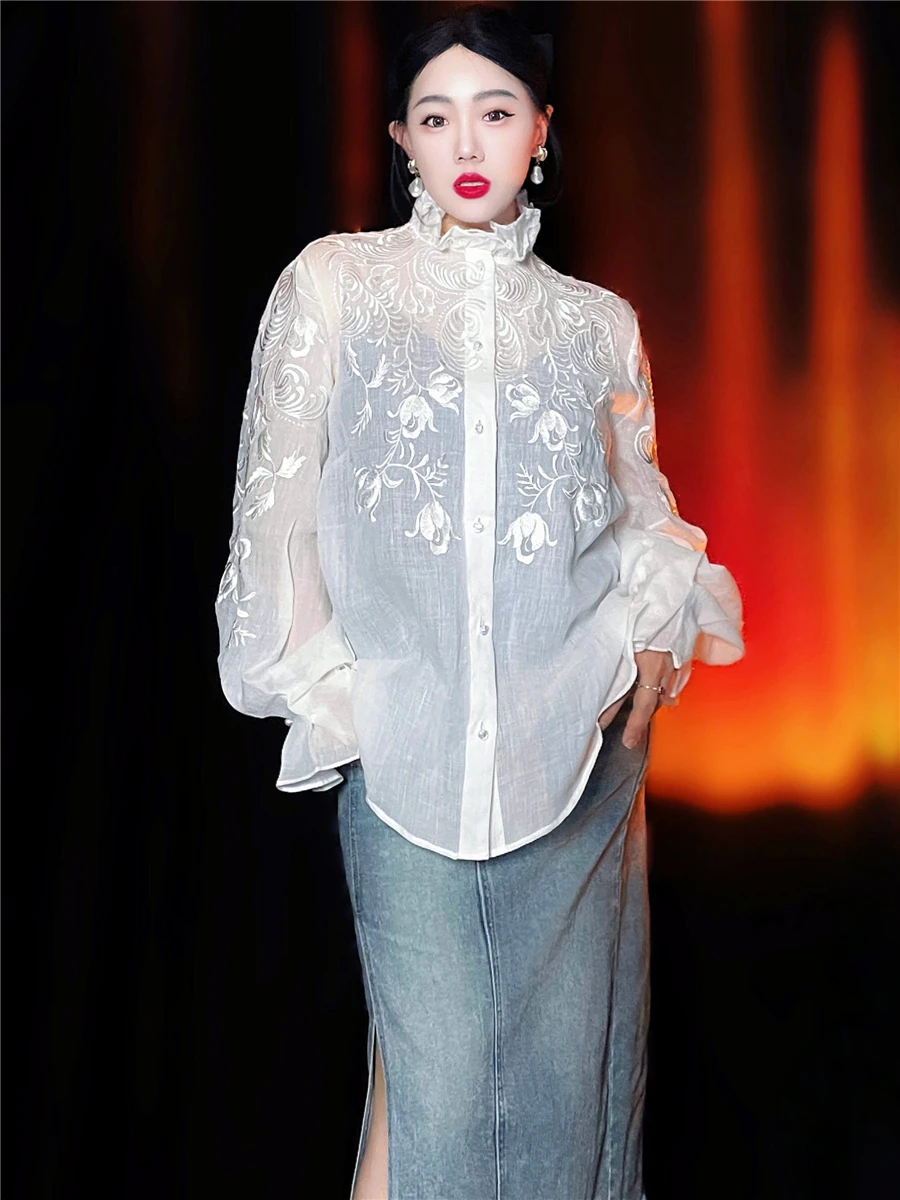 

Новая китайская свободная блузка с кружевной вышивкой, из плотного хлопка и льна, с высоким воротником, женская, модная, из высококачественных материалов