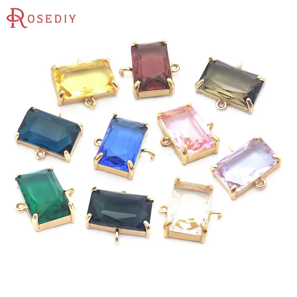 6PCS 9x15MM High Quality Champagne Gold Color Brass and Glass 2 Holes Rectangle Connect Charms Pendants Diy Jewelry Accessories