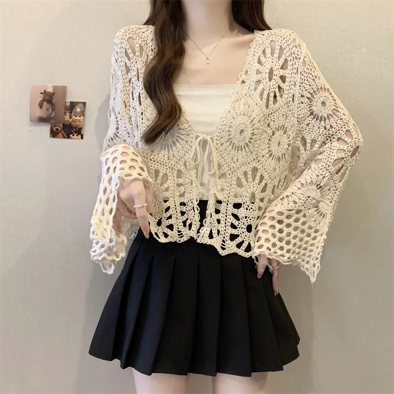 Women's Knitted Long Sleeve Top Summer Outerwear Hollow out Design Beach Vacation Style UV Protection Casual Fashion