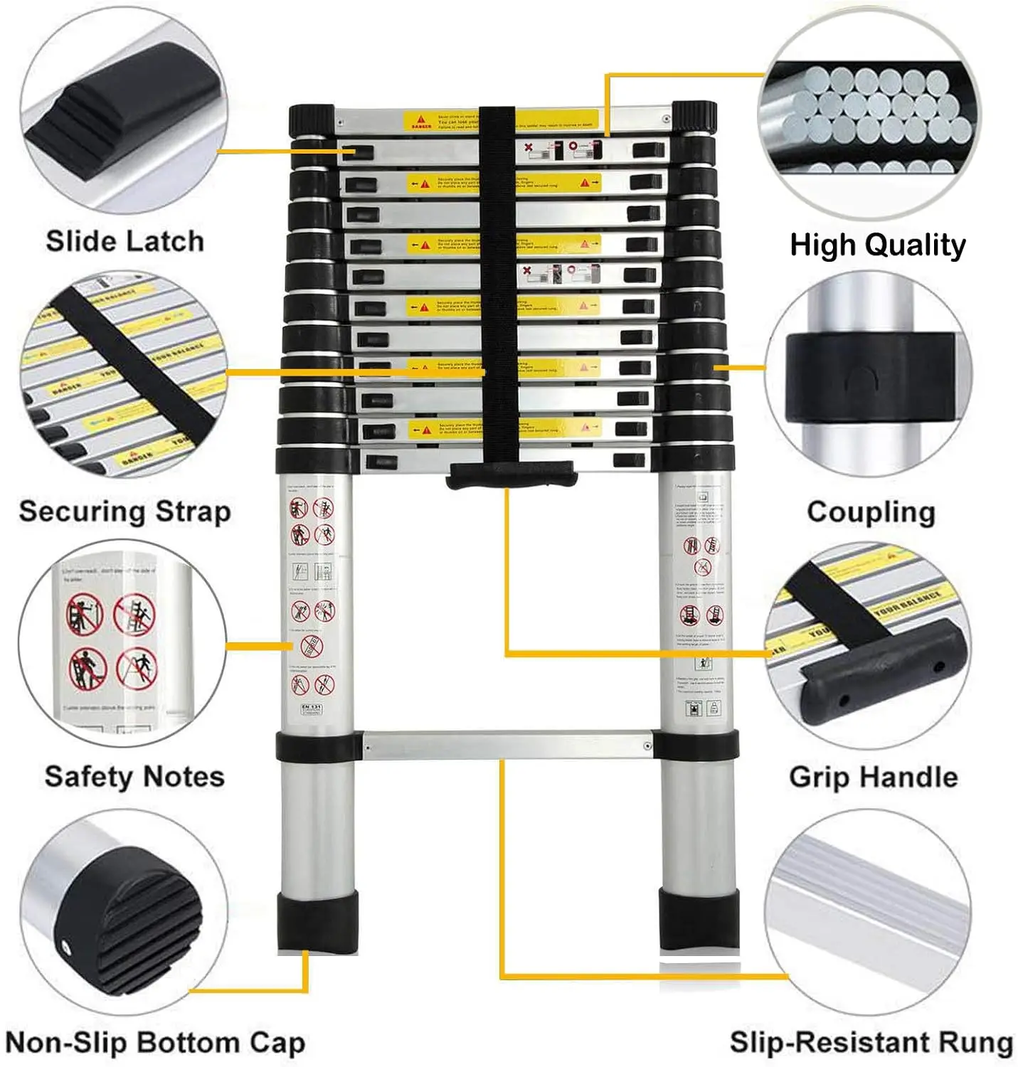 3.8M/12.5ft TelescopicบันไดพับอลูมิเนียมขยายบันไดLoftบันไดอเนกประสงค์พับบันไดสําหรับบ้านกลางแจ้ง