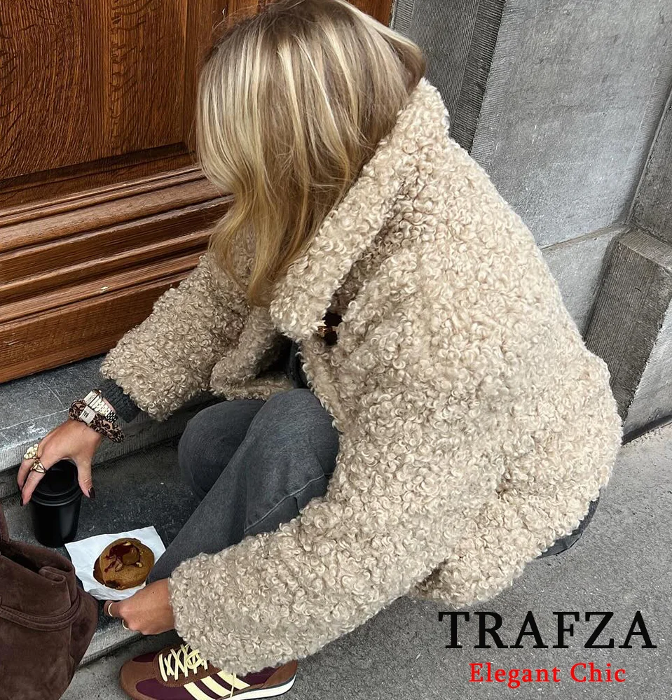 TRAFZA Women Fashion Fleece Loose Jacket Coat Shaggy String Button Lapel Jacket New 2024 Fall Winter Commuter Blended Coat