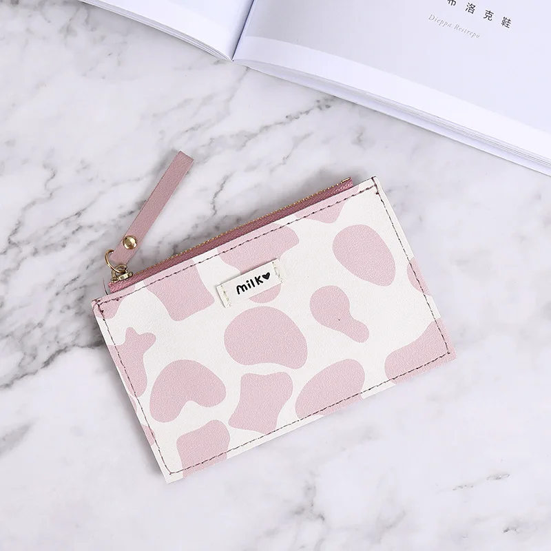 2024 New Fashion Cute Kawaii Wallet Cartoon Cow Print Pu Leather Multi-card Slot Short Coin Purses Pouch Female Girl Gift Bolsos