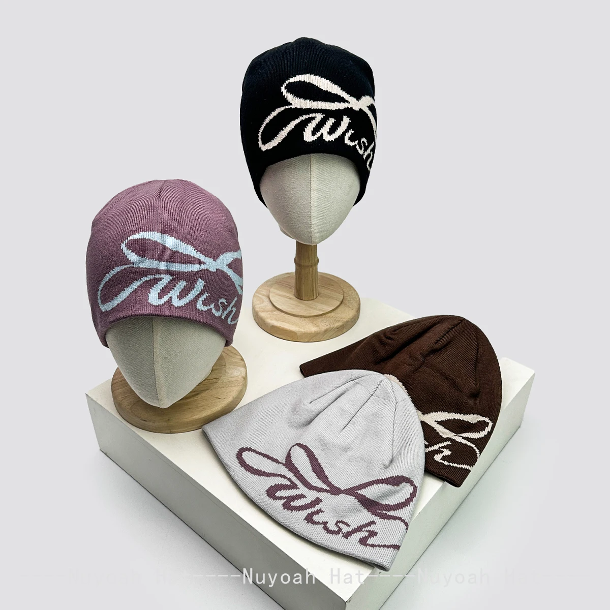 

New Women Korean Sweet Jacquard Bow Letters Wool Knitted Hats Warm Outdoor Fashion Retro Beanies Casual Versatile Premium Feel