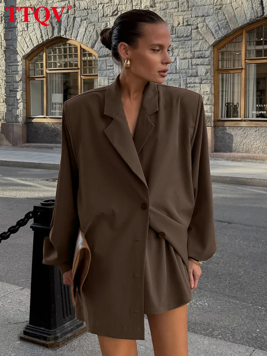 

TTQV Fashion Loose Brown 2 Piece Set Women Elegant Long Sleeve Shirt With High Waist Shorts Set Female Clothing Streetwear