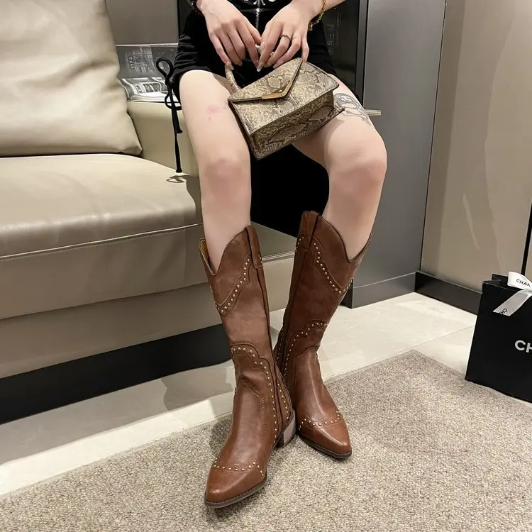 Women's Studded Mid Calf Boots, Pointed Toe V-cut Pull On Western Cowboy Boots, Retro Chunky Low Heeled Ridding Boots