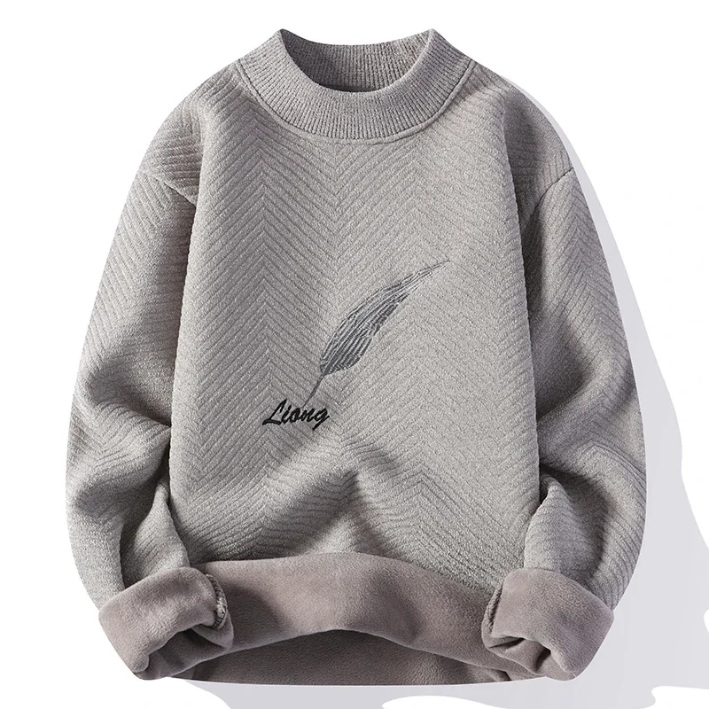 

Men's Fashion White Feather and Fleece Sweater Autumn and Winter Thick Pullover Knitwear